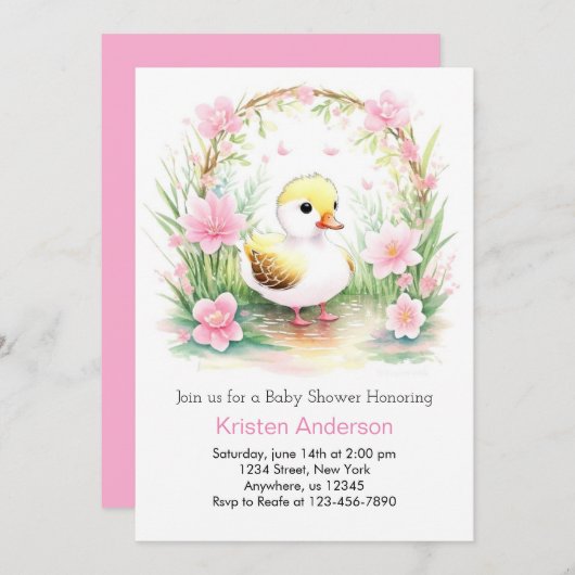 かわいいピンクのアヒルの水色の女の子ベビーシャワー 招待状 (正面/裏面)
