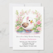 かわいいピンクのアヒルフローラ水色ガールベビーシャワー 招待状 (正面)