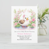 かわいいピンクのアヒルフローラ水色ガールベビーシャワー 招待状 (スタンド正面)
