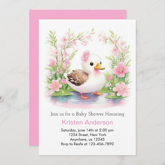 かわいいピンクのアヒルフローラ水色ガールベビーシャワー 招待状 (正面/裏面)