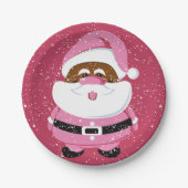 かわいいピンクのアフリカ系アメリカ人サンタクロースのクリスマス ペーパープレート (正面)