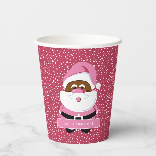 かわいいピンクのアフリカ系アメリカ人サンタクロースのクリスマス 紙コップ (裏面)