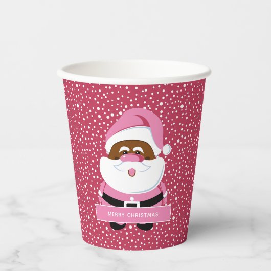 かわいいピンクのアフリカ系アメリカ人サンタクロースのクリスマス 紙コップ (正面)