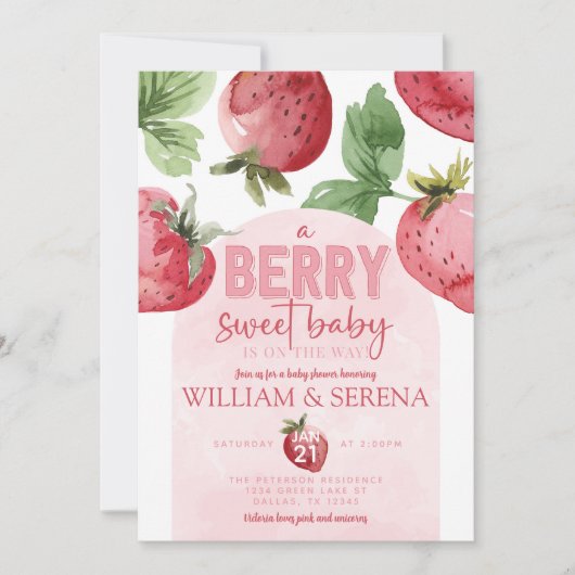 かわいいピンクのイチゴのベリースイートベビーシャワー 招待状 (正面)