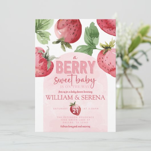 かわいいピンクのイチゴのベリースイートベビーシャワー 招待状 (スタンド正面)