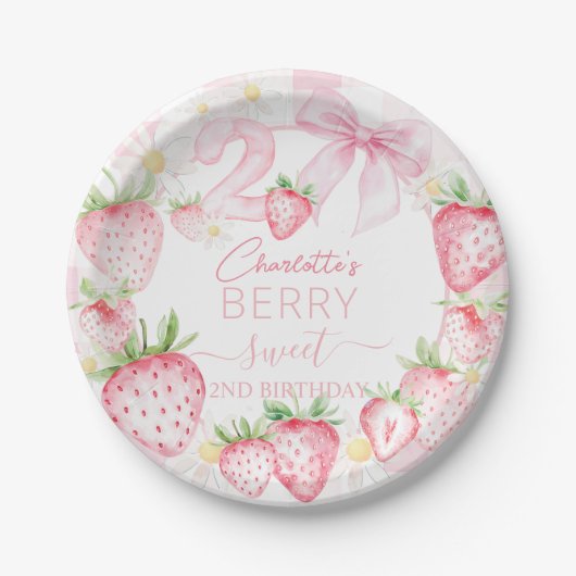 かわいいピンクのイチゴのベリー甘い2nd誕生日 ペーパープレート (正面)