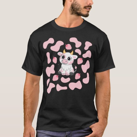 かわいいピンクのイチゴの牛柄の美しいパターンK Tシャツ (正面)