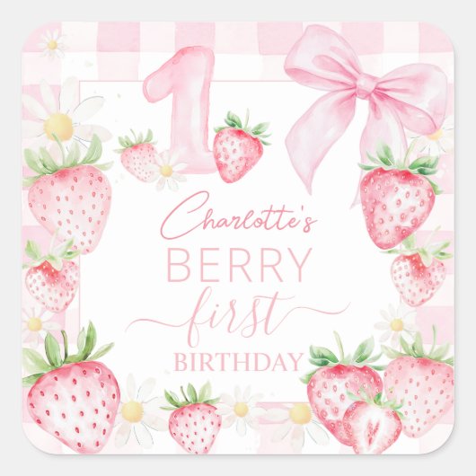 かわいいピンクのイチゴ いちご 初めての1歳の誕生日 スクエアシール (正面)