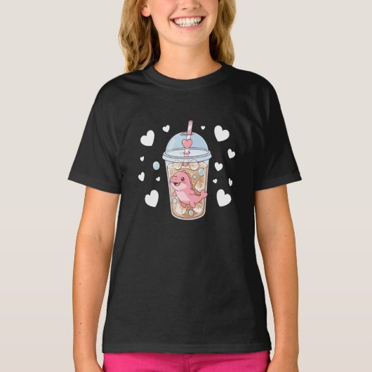 かわいいピンクのイルカのタピオカティーイラスト Tシャツ (正面)