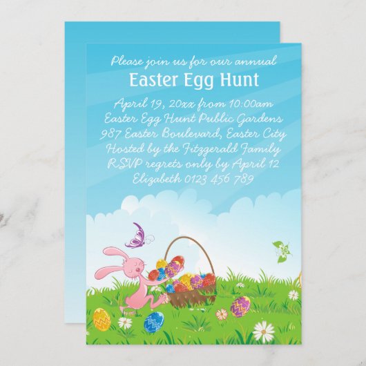 かわいいピンクのイースターのウサギのイースターエッグの狩り 招待状 (正面/裏面)