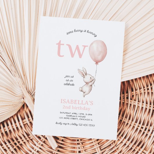 かわいいピンクのイースターバニーラビットガール2nd誕生日 招待状
