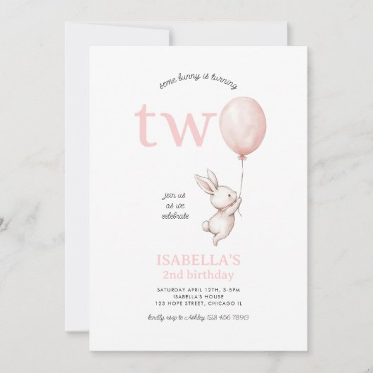 かわいいピンクのイースターバニーラビットガール2nd誕生日 招待状 (正面)
