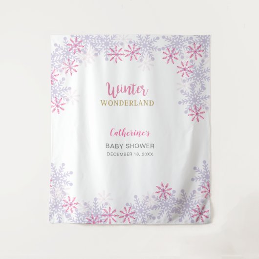 かわいいピンクのウィンターワンダーランドのベイビーシャワーの雪の結晶 タペストリー (正面)