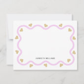 かわいいピンクのウェーブボーダーとゴールドハート ノートカード (正面)