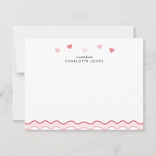 かわいいピンクのウェーブ柄ハート子供の文房具 ノートカード (正面)