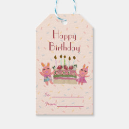 かわいいピンクのウサギとイチゴのケーキの子供の誕生日 ギフトタグ