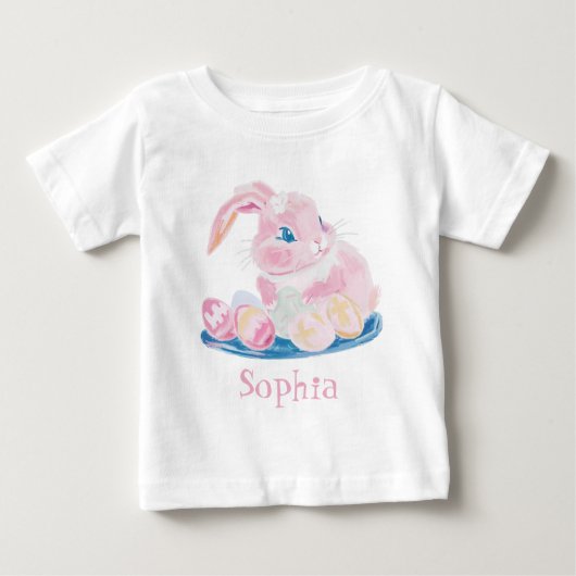 かわいいピンクのウサギとイースターエッグの女の子 ベビーTシャツ (正面)