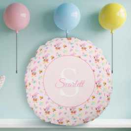 かわいいピンクのウサギのガーデンパターン モノグラム 名前 ラウンドクッション