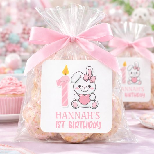 かわいいピンクのウサギのロウソクの女の子の1歳の誕生日 スクエアシール