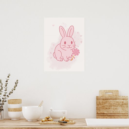 かわいいピンクのウサギの保育園壁画 ポスター (キッチン)