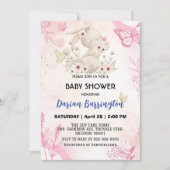 かわいいピンクのウサギの花の赤ちゃん女の子シャワー 招待状 (正面)