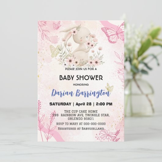 かわいいピンクのウサギの花の赤ちゃん女の子シャワー 招待状 (スタンド正面)