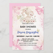 かわいいピンクのウサギの花の赤ちゃん女の子シャワー 招待状 (正面/裏面)
