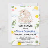 かわいいピンクのウサギの花サンベイビーガールシャワー 招待状 (正面)