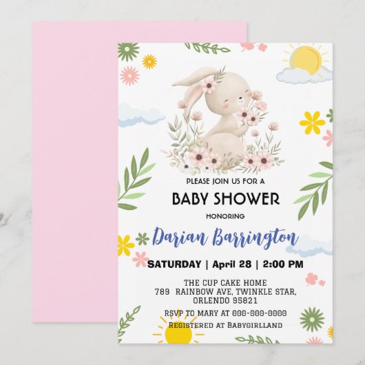 かわいいピンクのウサギの花サンベイビーガールシャワー 招待状 (正面/裏面)
