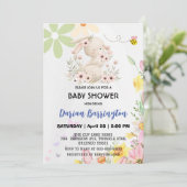 かわいいピンクのウサギの花蜂の赤ちゃん女の子シャワー 招待状 (スタンド正面)