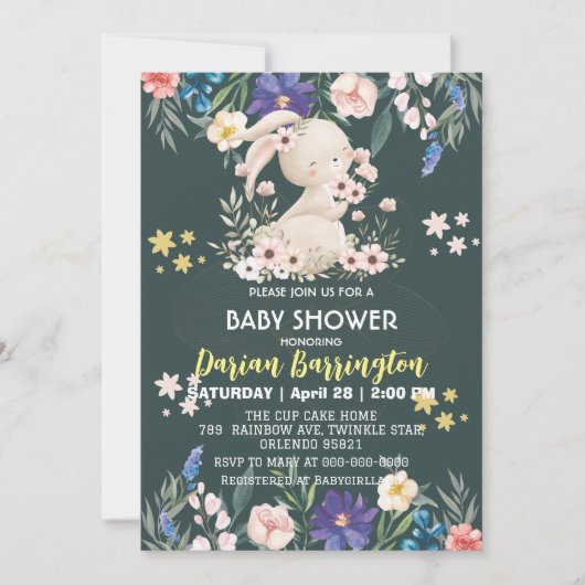 かわいいピンクのウサギの花baby女の子シャワー 招待状 (正面)
