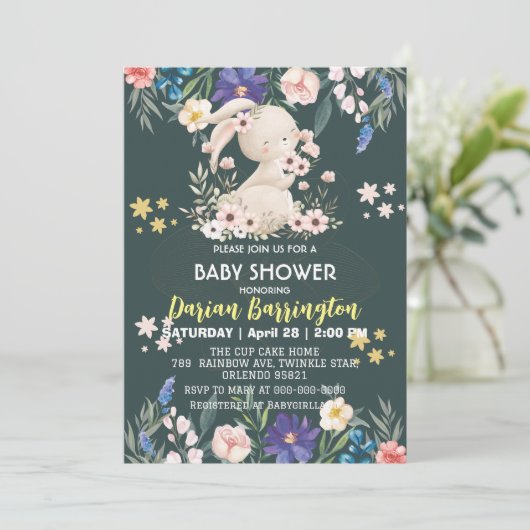 かわいいピンクのウサギの花baby女の子シャワー 招待状 (スタンド正面)