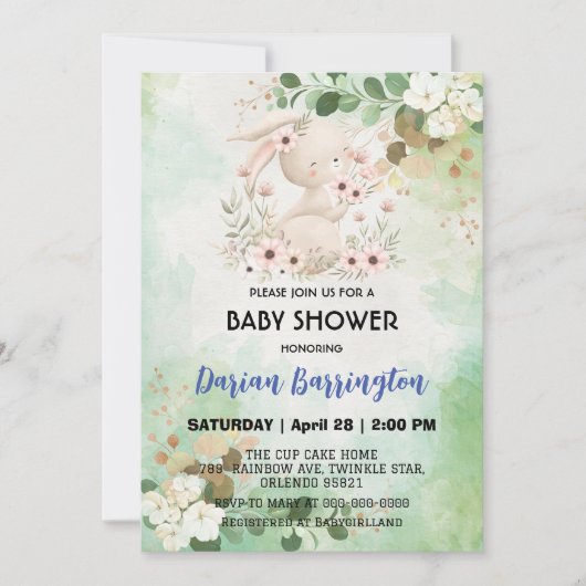 かわいいピンクのウサギの花baby女の子シャワー 招待状 (正面)