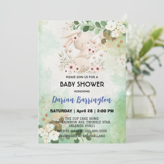 かわいいピンクのウサギの花baby女の子シャワー 招待状 (スタンド正面)