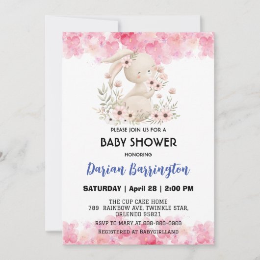 かわいいピンクのウサギの花baby女の子シャワー 招待状 (正面)