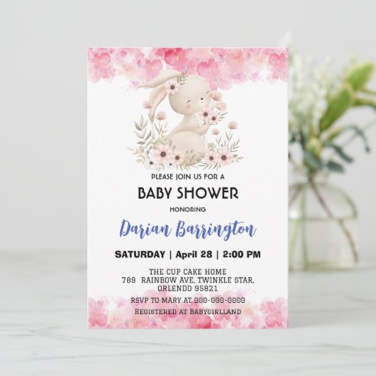 かわいいピンクのウサギの花baby女の子シャワー 招待状 (スタンド正面)