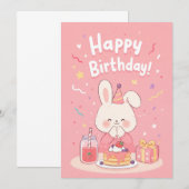 かわいいピンクのウサギの誕生日パーティーの招待状 招待状 (正面/裏面)