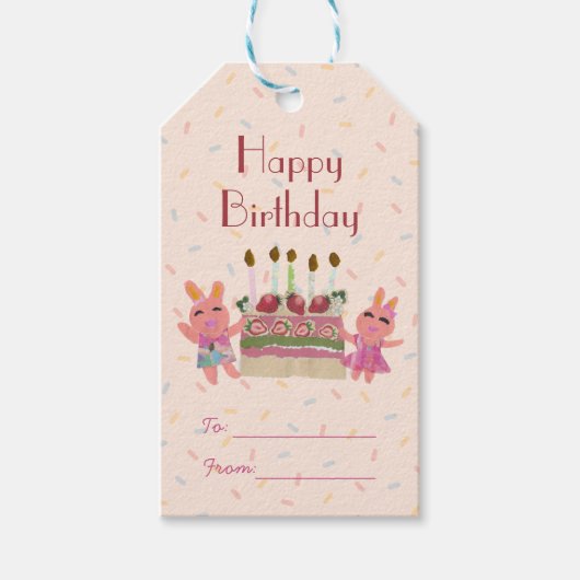かわいいピンクのウサギ＆いちごのケーキ　子供の誕生日 ギフトタグ (正面)