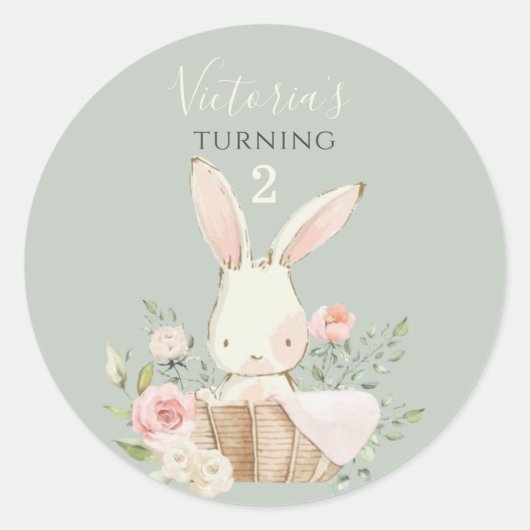かわいいピンクのウサギ 2歳の誕生日 グリーン ラウンドシール (正面)