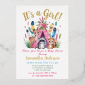 かわいいピンクのウッドランド動物ボホガール赤ちゃんシャワー 箔招待状 (正面)