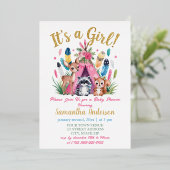 かわいいピンクのウッドランド動物ボホガール赤ちゃんシャワー 箔招待状 (立ち正面)