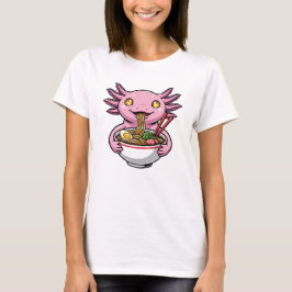かわいいピンクのウーパールーパー ラーメンを食べる漫画 Tシャツ