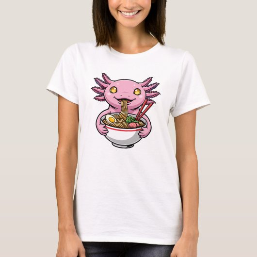 かわいいピンクのウーパールーパー ラーメンを食べる漫画 Tシャツ (正面)