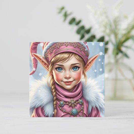 かわいいピンクのエルフ | メリークリスマス パーソナライズ シーズンカード (スタンド正面)