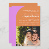 かわいいピンクのオレンジ色のレトロアーチ写真カップルのシャワー 招待状 (正面/裏面)