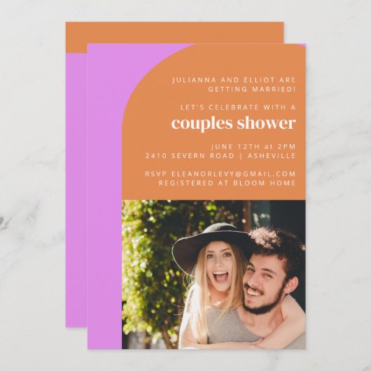 かわいいピンクのオレンジ色のレトロアーチ写真カップルのシャワー 招待状 (正面/裏面)