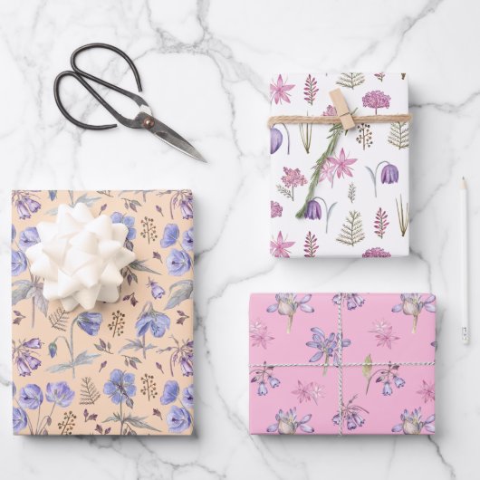 かわいいピンクのオレンジ色の白い紫のフローラ花パーティー ラッピングペーパーシート (正面)