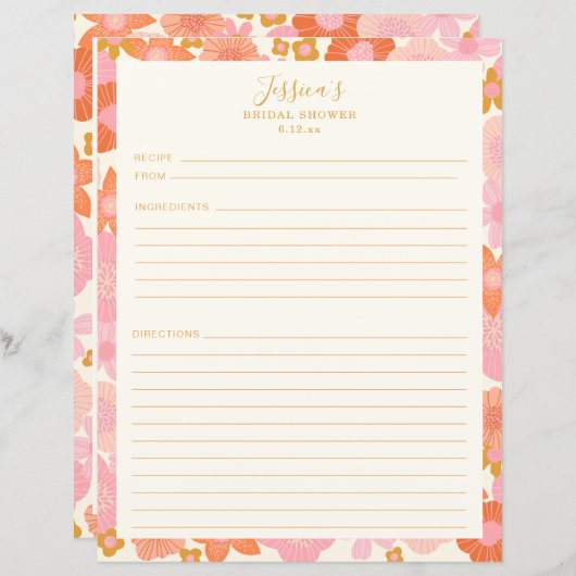 かわいいピンクのオレンジ色の花ブライダルシャワーレシピページ (正面/裏面)
