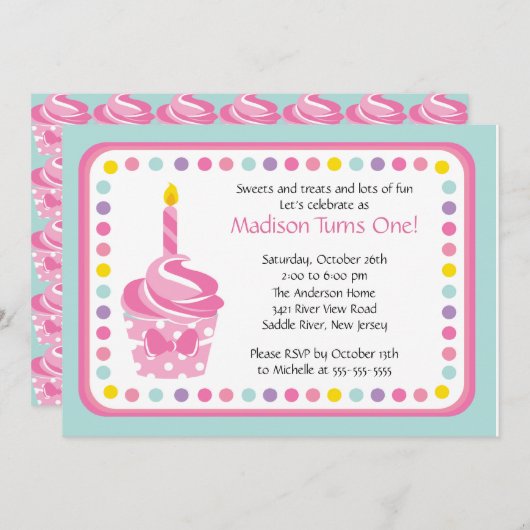 かわいいピンクのカップケーキの女の子誕生パーティー 招待状 (正面/裏面)