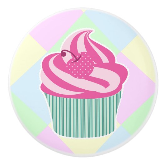 かわいいピンクのカップケーキパステルカラー セラミックノブ (正面)